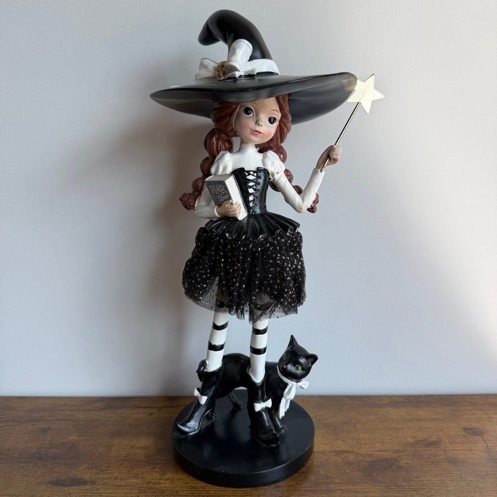 New 15" Witch Girl Black Cat Wand Book Figurine Black White Skull Halloween